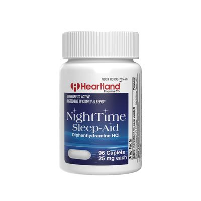 Heartland Pharma Diphenhydramine HCI 25mg Sleep Aid Relief Caplets Sleeping Pills for Adults Extra Strong Natural Sleeping Aids 96 Count 5 Pack