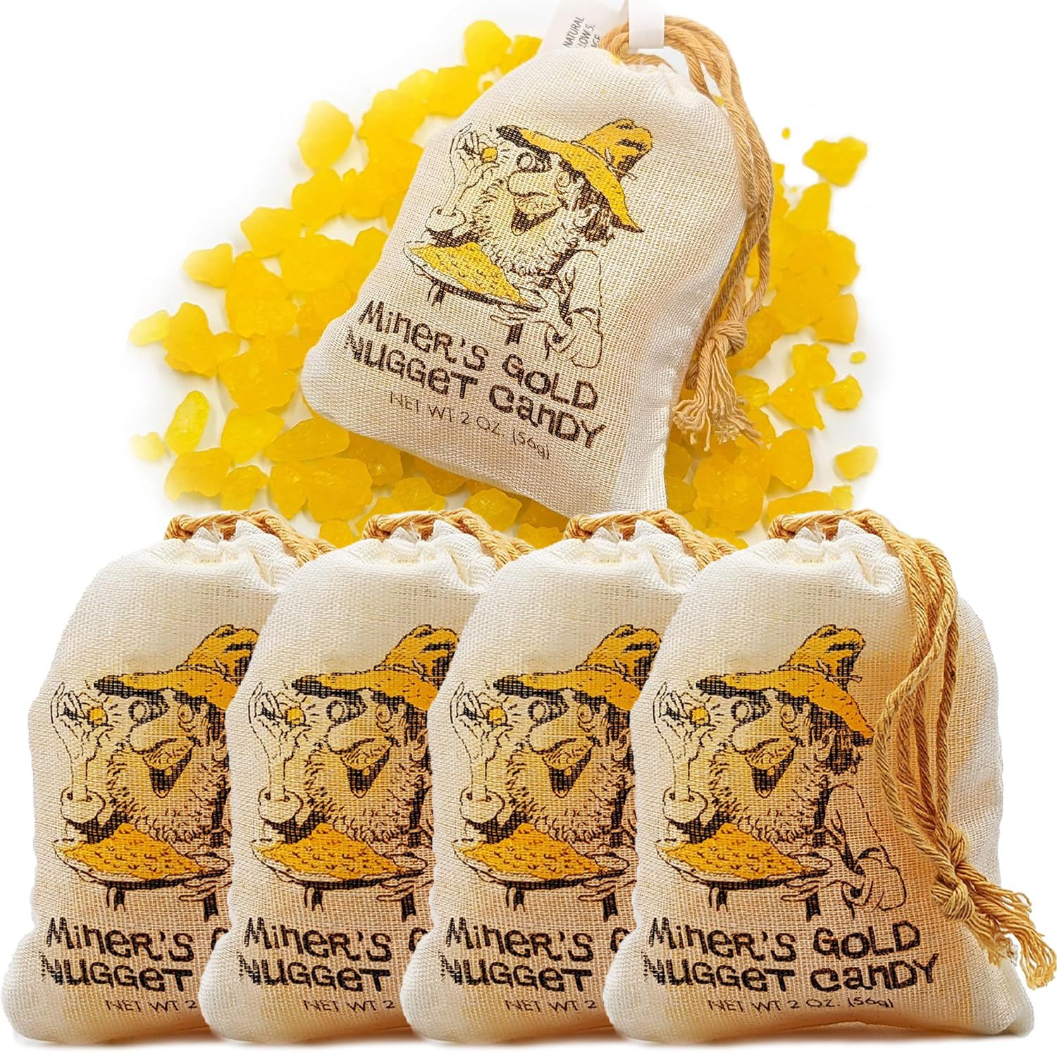 The Dreidel Company Miner&#39;s Gold Nugget Candy, Pineapple Rock Crystal, Party Bag Fillers, in Draw String Bags (4-Pack)