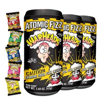 WARHEADS Atomic Fizz - Extreme Sour Fizzing Hard Candy - Sour Apple, Black Cherry, Blue Raspberry, Lemon Watermelon Flavors - 1.48 oz Canisters - 3 Pack