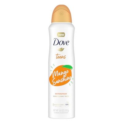 Dove Teens Dry Spray Antiperspirant Deodorant Mango Sunshine, for gentle underarm care, 48-hour underarm sweat protection, 3.8 oz