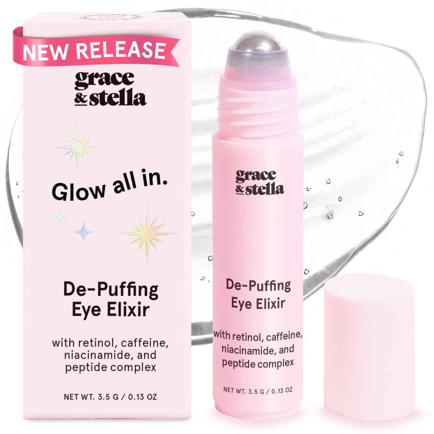 grace stella Under Eye Brightener Roller - Retinol Caffeine Eye Serum for Puffiness, Dark Circles, Fine Lines Wrinkles - Hydrating Smoothing - Vegan Cruelty-Free Skincare (15ml 0.51 fl oz)