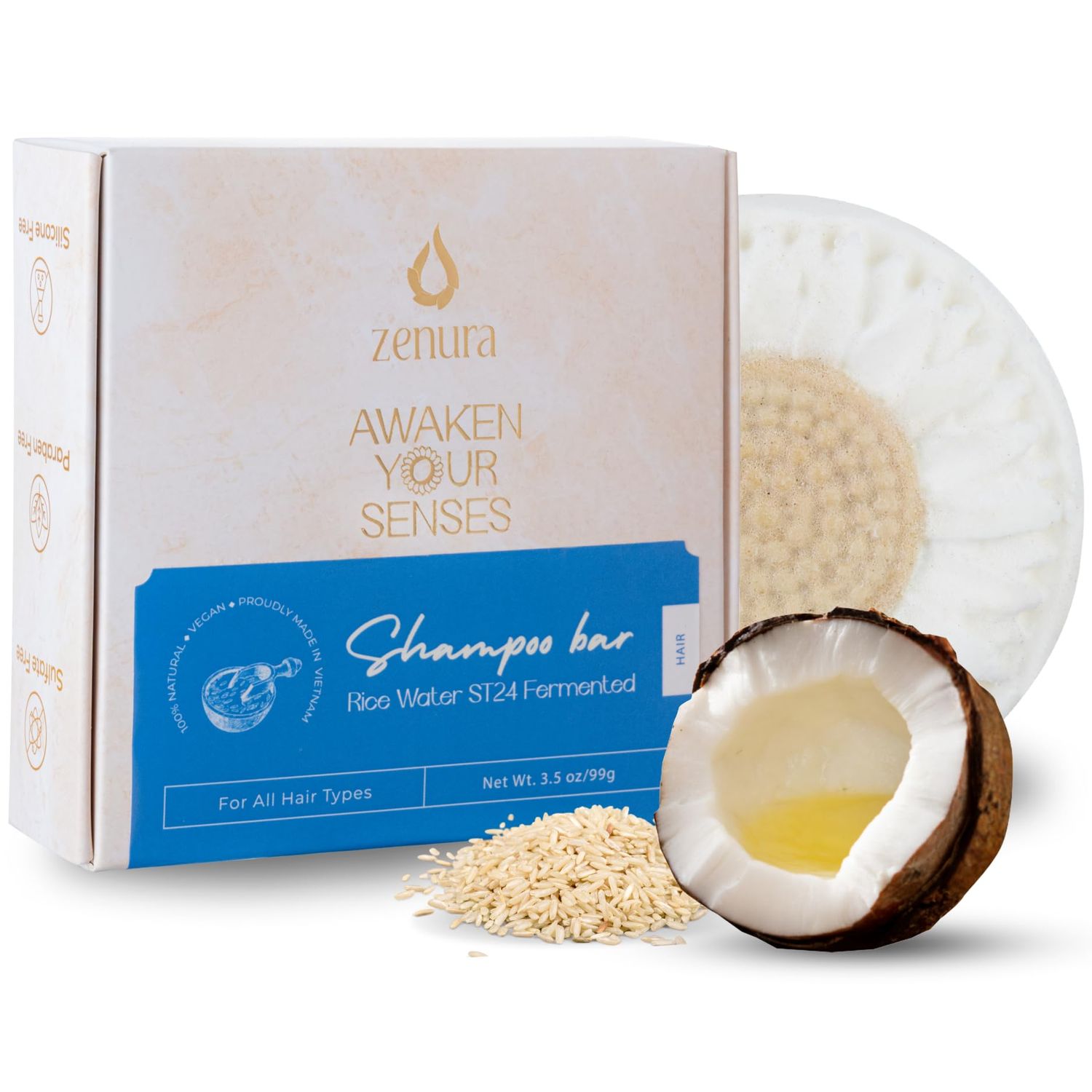 ZENURA Rice Water Shampoo Bar for Hair Growth with Coconut Oil, Solid Bar for Strengthening and Thickening Hair, Natural Ingredients, Eco-Friendly, Vegan, Paraben Sulfate Cruelty Free - 3.5 oz
