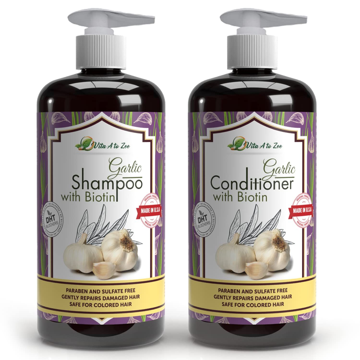 Vita A to Zee Garlic Hair Shampoo Conditioner with Anti DHT Blocker - Garlic Natural Hair Treatment for Hair Growth, Loss, Thinning Itchy Scalp - Sulfate Paraben Free, Cruelty Free Vegan