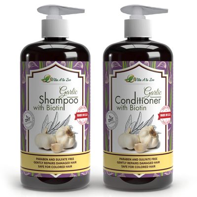 Vita A to Zee Garlic Hair Shampoo Conditioner with Anti DHT Blocker - Garlic Natural Hair Treatment for Hair Growth, Loss, Thinning Itchy Scalp - Sulfate Paraben Free, Cruelty Free Vegan