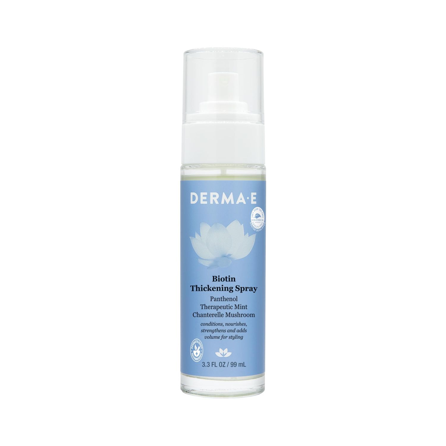 Derma E Biotin Thickening Spray - Volumizing Protein-Enriched Texturizer for Fine Hair with Panthenol, Therapeutic Mint and Chanterelle Mushroom, 3.3 Fl Oz