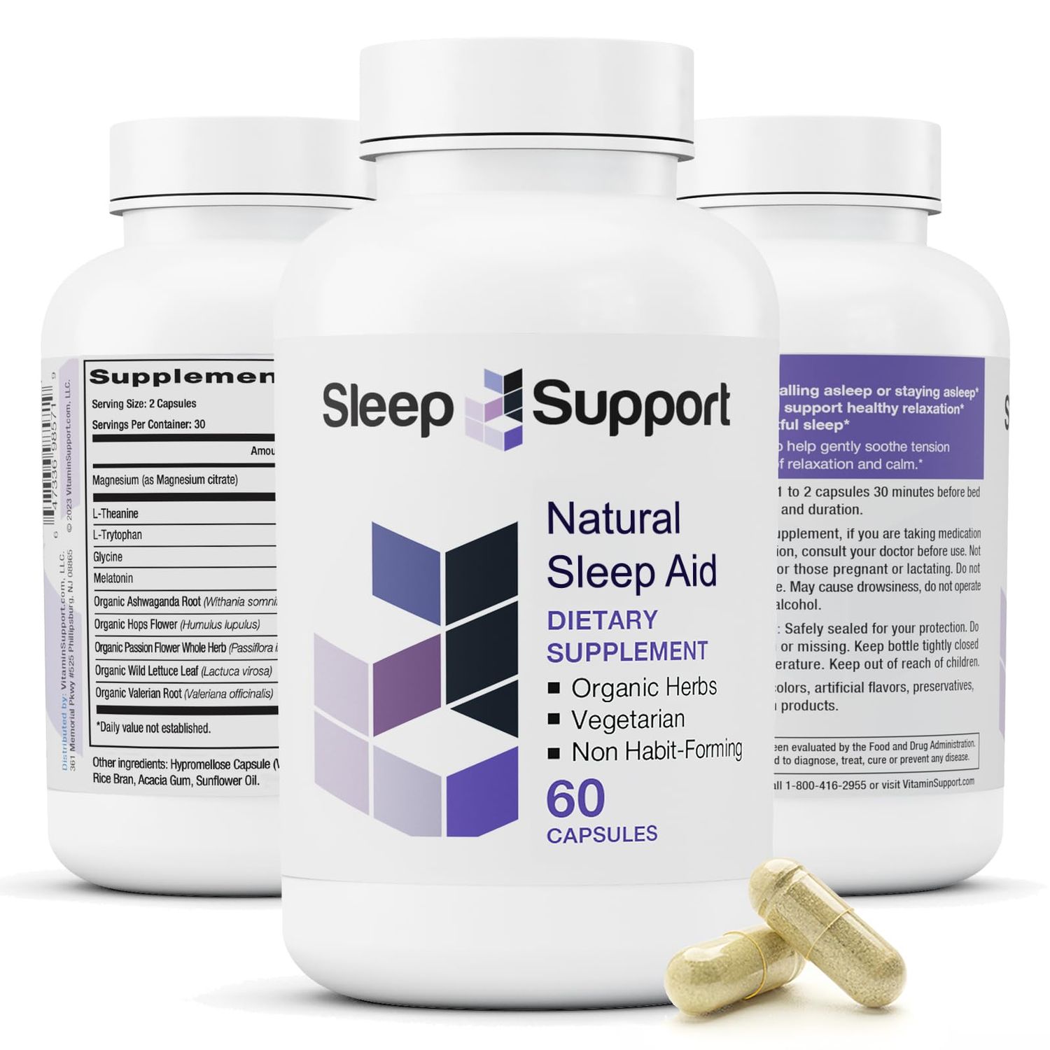 SleepSupport - Natural Sleep Aid for Adults to Help Promote Calm and Relaxation - Organic Sleep Supplement with Ashwagandha, Valerian Root, Magnesium, Melatonin, Glycine, L-Tryptophan - 60 Capsules