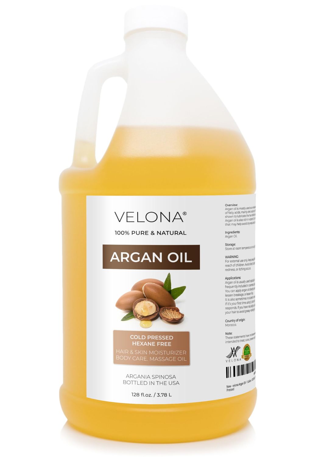 velona Argan Oil - 1 Gallon 128 Fl Oz 100 Pure and Natural Morocco Oil Skin, Body and Face Care Nails Protector Unrefined, Cold Pressed Cap Kit