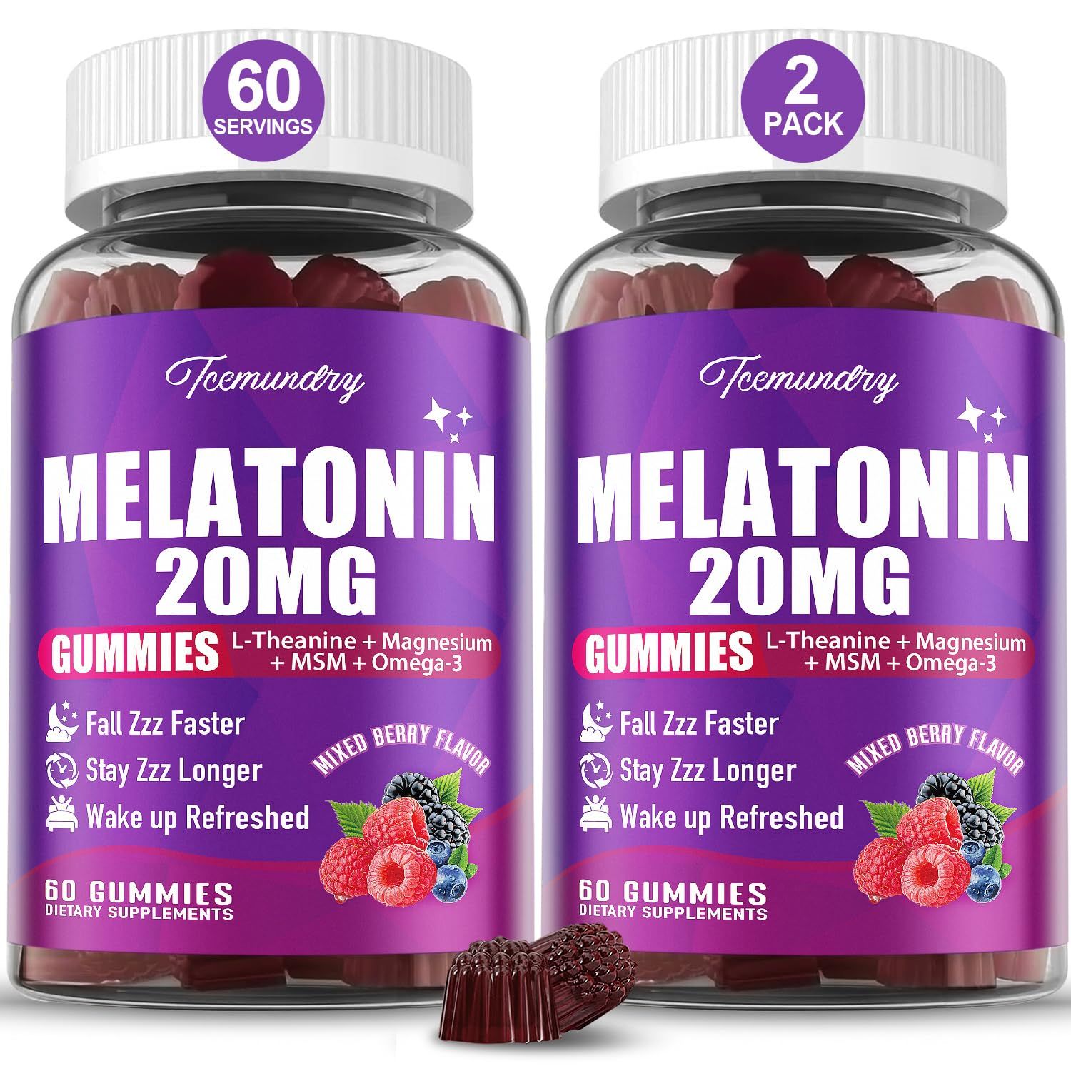 Melatonin Gummies 20mg for Adults - Maximum Strength Melatonin Gummies with L-Theanine, Magnesium, Omega-3, MSM, D3 Zinc - Non-Habit Forming, Vegan, Non GMO, Natural Mixed Berry Flavor