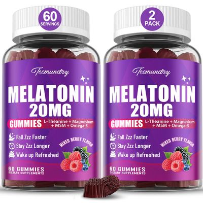 Melatonin Gummies 20mg for Adults - Maximum Strength Melatonin Gummies with L-Theanine, Magnesium, Omega-3, MSM, D3 Zinc - Non-Habit Forming, Vegan, Non GMO, Natural Mixed Berry Flavor