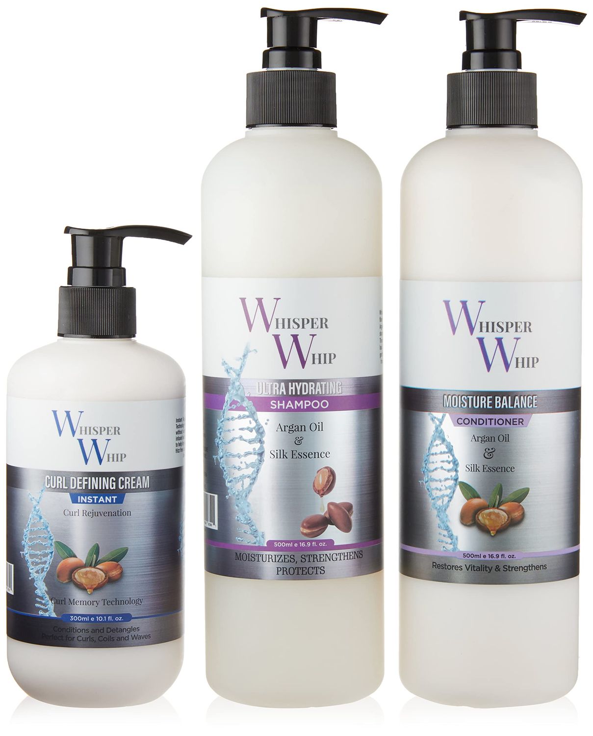 Whisper Whip Combo Set with Ultra Hydrating Shampoo, Moisture Balance Conditioner, and Curl Defining Cream for all hair types