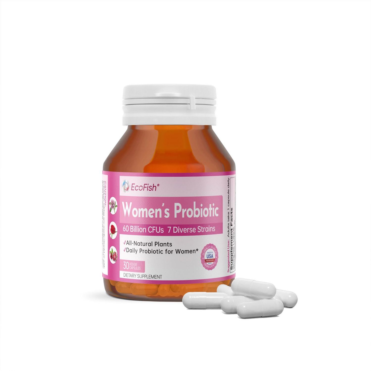 ECOFISH Women&#39;s Probiotics with Prebiotics Cranberry Blend for Vaginal Gut Health, Feminine PH Balance Digestion Supplment Complex Support Healthy Vaginal Odor, Skin Immune Support, 30 Capsules