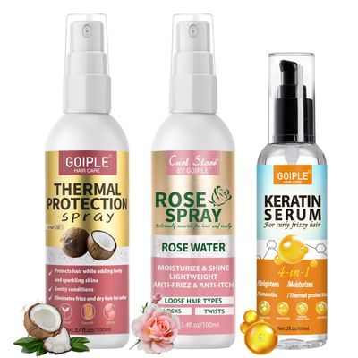 Coconut Heat Protectant Spray - Keratin Protein Hair Serum Anti Frizz Control Repair - Rose Water Moisturize Anti-Frizz Smooth Products (3PCS)