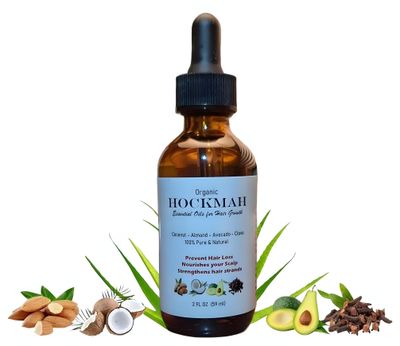 Hockmah Organic Essential Oils for Hair Growth made with coconut, sweet almond, avocado, clove, aloe vera oils and Vitamin D for scalp and hair treatment. 2 FL OZ (59 ml)