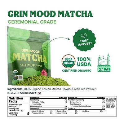 GRIN MOOD Matcha Organic Green Tea Powder - Decaffeinated Green Tea, Authentic Korean Matcha, Halal (1.06oz, Ceremonial Grade)