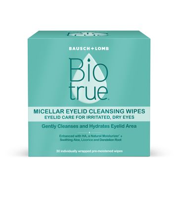 Biotrue Micellar Eyelid Cleansing Wipes, Eyelid Care for Irritated and Dry Eyes from Bausch Lomb, Fragrance Free, Soothing, Naturally Inspired, 30 Wipes, Pack of 1
