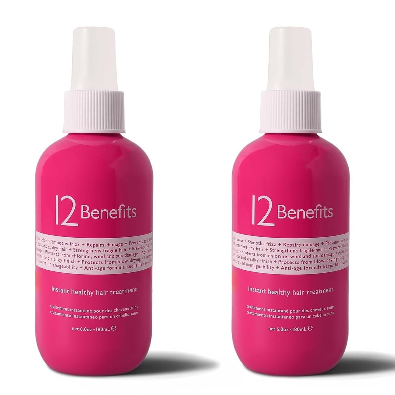 12 Benefits Instant Healthy Hair Treatment, Leave-In Conditioning, Smoothes Frizz, Strengthens Repairs, Heat Protection Spray, 6 Fl Oz (Pack of 2)