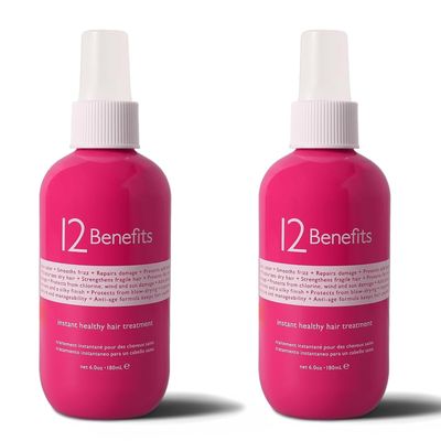 12 Benefits Instant Healthy Hair Treatment, Leave-In Conditioning, Smoothes Frizz, Strengthens Repairs, Heat Protection Spray, 6 Fl Oz (Pack of 2)