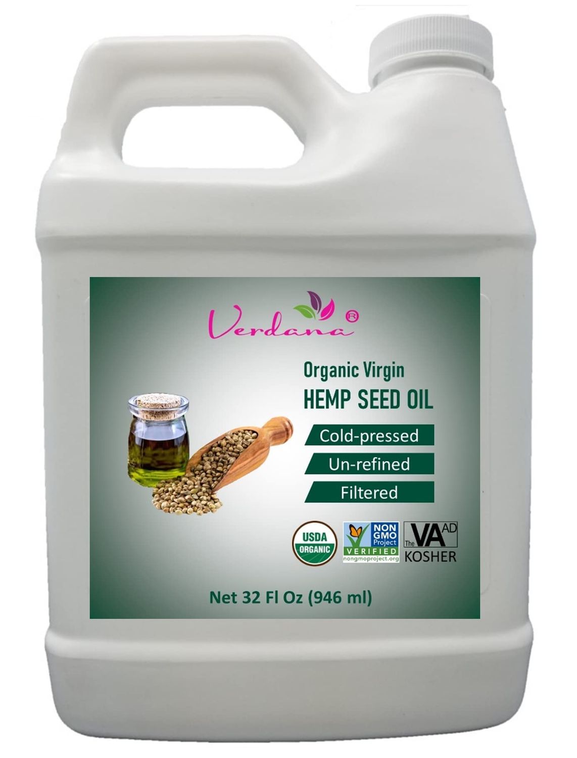 Organic Verdana Virgin Hemp Seed Oil - Unrefined Canadian Cold Pressed Oil - Non-GMO, Kosher Food Grade and Organic - 32 Fl Oz