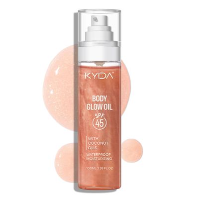KYDA Body Glow Oil, SPF 45 Broad Spectrum, Sunscreen Body Oil with Rose Gold Mica, Moisturizing Coconut, Glow Moisturizer, Lightweight, Water Resistant, 3.38 fl oz, ROSE