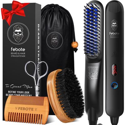 FEBOTE Innovation BeardHair Straightener for Men wNatural Boar Bristle Brush, Pear Wood Comb, Mustache Scissors and Travel Bag, Professional Beard Care Set for Him, Men&#39;s Fashion and Grooming Gifts