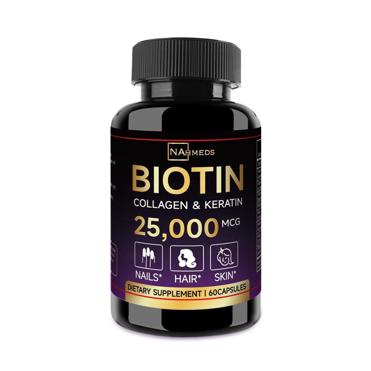 NAhmeds Biotin Hair Skin Nails Vitamins - 25,000 mcg Biotin with Collagen, Keratin Hyaluronic Acid - Supports Healthy Hair, Radiant Skin Strong Nails - Unisex Supplement - 60 Capsules