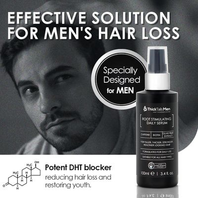 ThickTails Mens Root Stimulating Leave-In Serum for Thicker, Fuller-Looking Hair - Daily Vegan Hair Strengthener with Biotin, Caffeine Saw Palmetto - Lightweight, Fast-Absorbing Formula