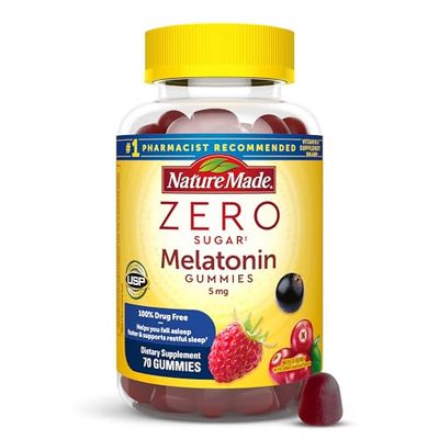 Nature Made Zero Sugar Melatonin 5mg Sleeping Gummies for Adults Extra Strength, 100 Drug Free Sleep Aid, Aspartame Free, 70 Sugar Free Melatonin Gummies, 70 Day Supply