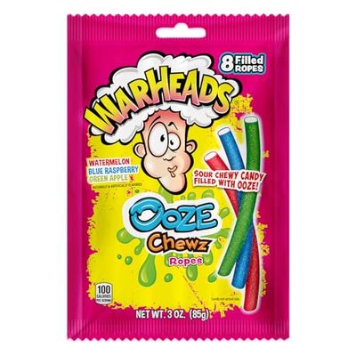 WARHEADS Ooze Chewz Ropes - Chewy Candy Ropes with Sour Filling - Watermelon, Blue Raspberry Green Apple Flavors - 3 oz. Bag