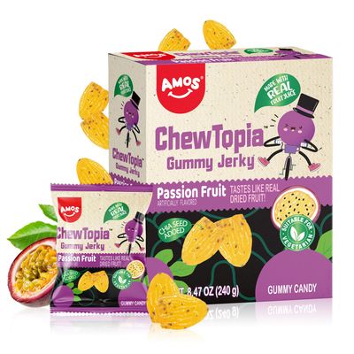 Amos ChewTopia Passion Fruit Gummy Jerky - Vegan Chewy Fruit Snack, Tropical Passion Fruit Flavor, Soft Chewy Candy, 8.47oz Box (Approx. 9 Shareable Packs) - Perfect Easter Treat