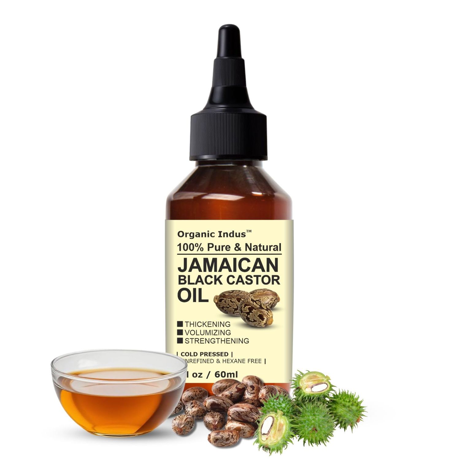 Organic Indus Jamaican Black Castor Oil for Hair Growth Oil, Skin Conditioning, Eyebrows Eyelashes, Scalp and Nail Care 2 Ounce