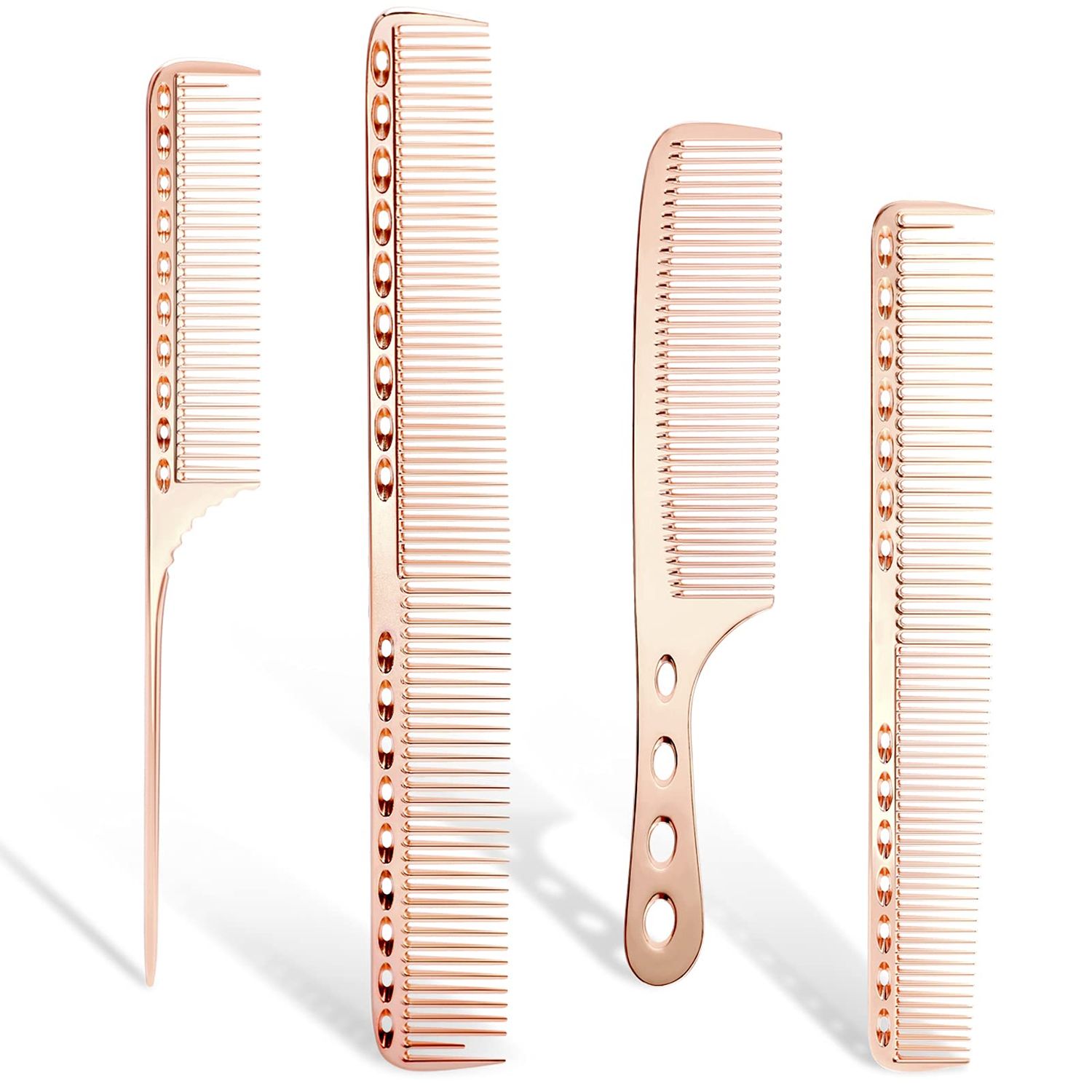 Professional Barber Aluminum Comb Set for Dressing, Cutting Hair, and Styling: LongShort Hair Combs, Handle, and Tail Comb (Rose Gold)