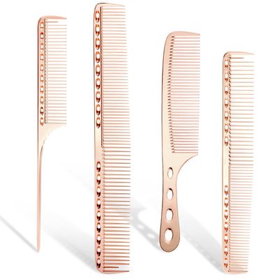 Professional Barber Aluminum Comb Set for Dressing, Cutting Hair, and Styling: LongShort Hair Combs, Handle, and Tail Comb (Rose Gold)
