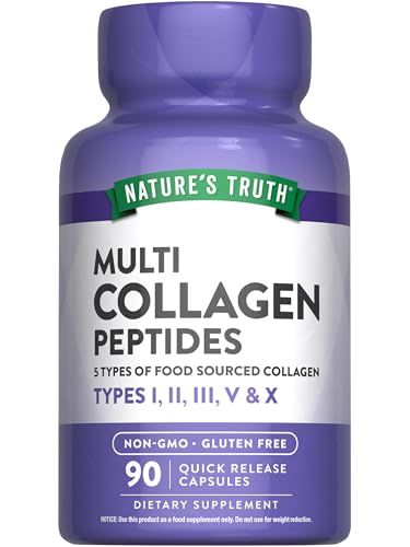 Nature&#39;s Truth Multi Collagen Peptides Capsules Types I, II, III, V, X 2000 mg 90 Count Keto Friendly Non-GMO and Gluten Free Supplement