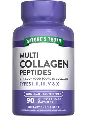 Nature&#39;s Truth Multi Collagen Peptides Capsules Types I, II, III, V, X 2000 mg 90 Count Keto Friendly Non-GMO and Gluten Free Supplement