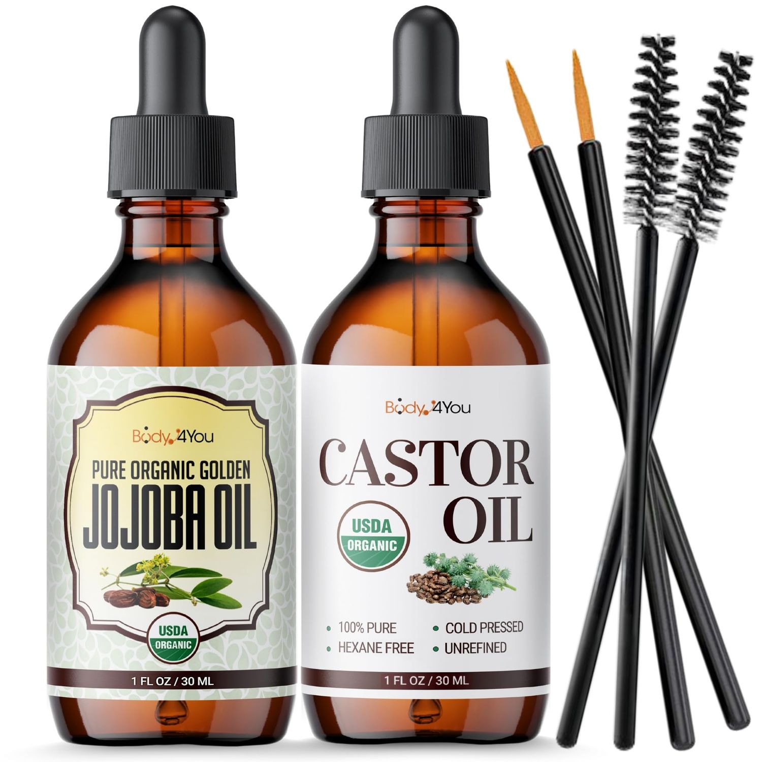 BodyJ4You USDA Organic Jojoba Wax Castor Oil - Skin Care Body Moisturizing Face Wax Hair Care Healthy Nails - Cold Pressed 100 Pure Natural Non-GMO Hexane Free - Pack of 2 x 1 Fl Oz