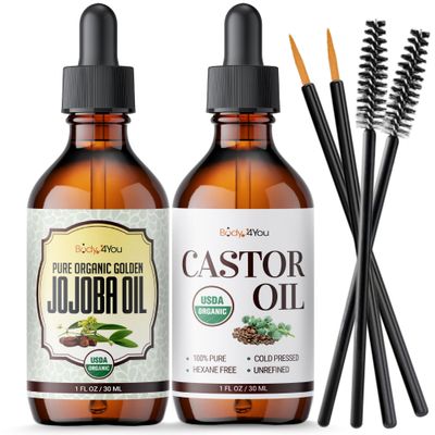 BodyJ4You USDA Organic Jojoba Wax Castor Oil - Skin Care Body Moisturizing Face Wax Hair Care Healthy Nails - Cold Pressed 100 Pure Natural Non-GMO Hexane Free - Pack of 2 x 1 Fl Oz