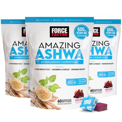 FORCE FACTOR Amazing Ashwa for Stress Relief, Memory, Focus, and Immune Support Health, Ashwaganda Supplement with KSM-66 Ashwagandha for Stress, 180 Soft Chews