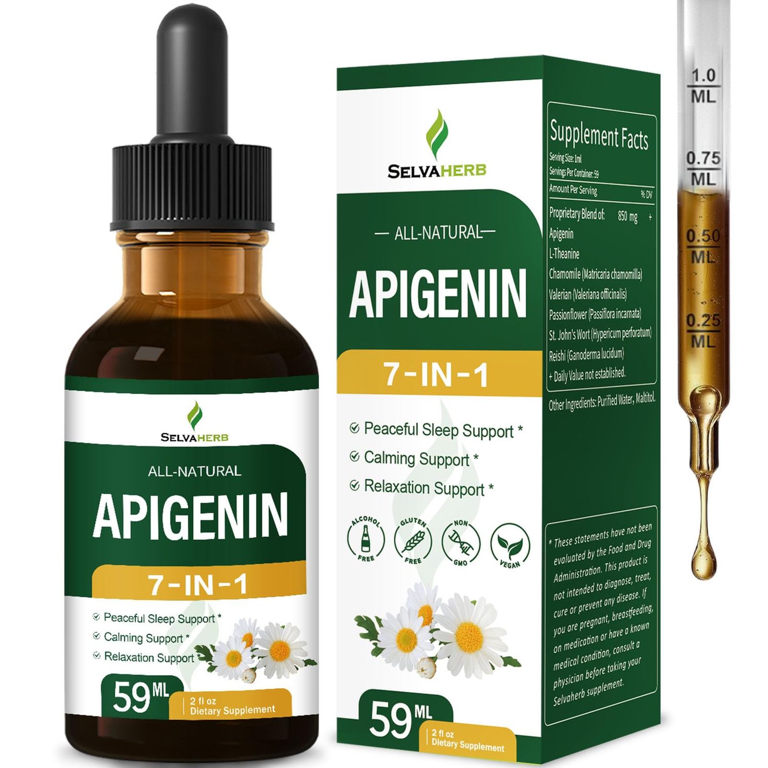 Selvaherb Apigenin Drops for Peaceful Sleep, Calming Relaxation Support Herbal Supplements with L-Theanine Chamomile Valerian Passionflower St.Johns Wort Extract. 2oz