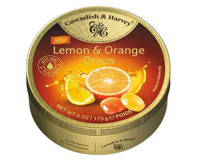 Cavendish Harvey Lemon Orange Filled Hard Candy Drops 175g 6 ounce Tin
