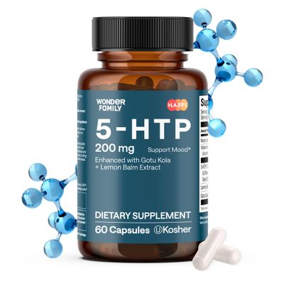 WONDER FAMILY 5 HTP 200mg - with Vitamin B6 100mg, Gotu Kola - Wellbeing Supplement for Women, Men - 2X Potency of 5HTP 100mg, 4X of 5-HTP 50mg - Deep Sleep Supplement - 60 5HTP 200mg Capsules