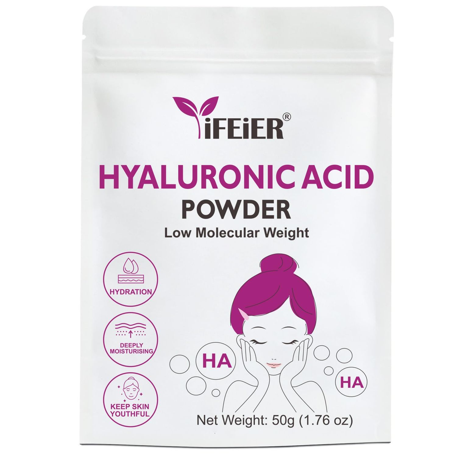 iFEiER Hyaluronic Acid Powder Low Molecular Weight Hyaluronic Acid Powder 50g(1.76oz) Cosmetics Grade Sodium Hyaluronate HA LMW HMW HA ingredient for DIY Serums