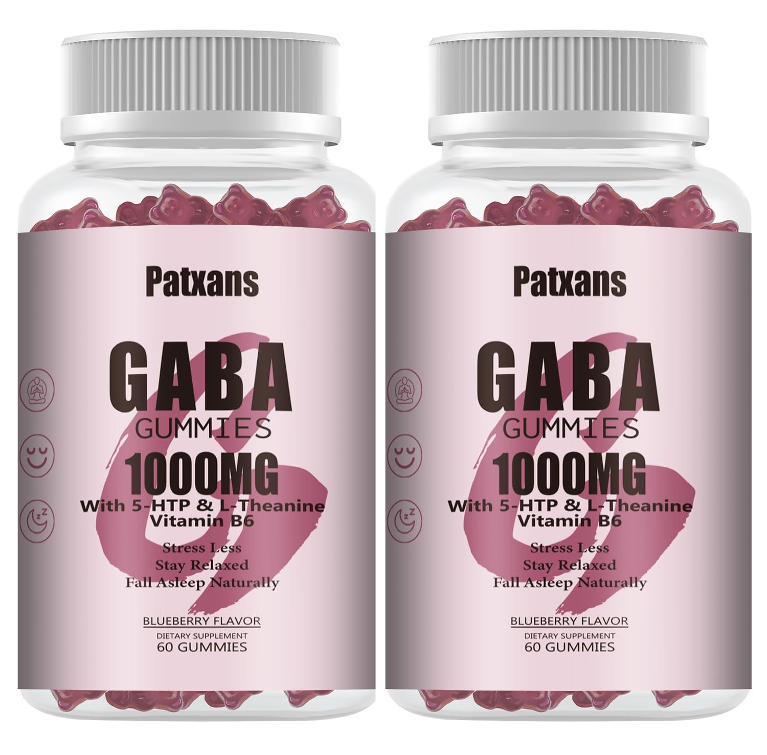 2 Packs 1000mg GABA Gummies, melatonin Free, Contains L-theanine, 5-hydroxytryptophan, Vitamin D3 - Natural Sleep Support for Adults, Relaxation and Mood, Vegan, Blueberry Flavor, 120 Count.