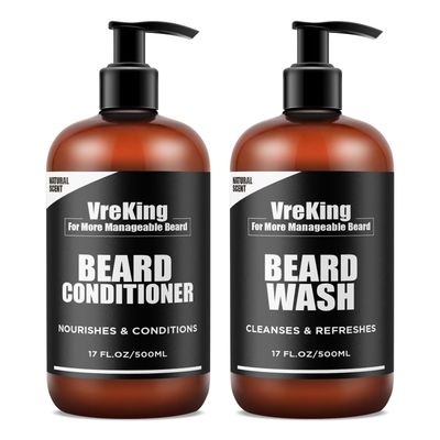 VreKing Mens Beard Wash And Beard Conditioner Bundle Set For Men, Face And Beard Shampoo And Conditioner Set For Men wBiotin Facial Hair Growth Formula Dandruff, Gifts For Men, 500ml2