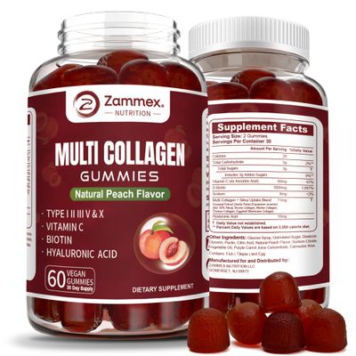 Zammex Multi Collagen Peptides Gummies (Type 1, 2, 3, 5 10), 30 Servings, Anti-Aging Collagen Gummy Supplements for WomenMen with Biotin Vitamin C, Hyaluronic Acid, Peach Flavor