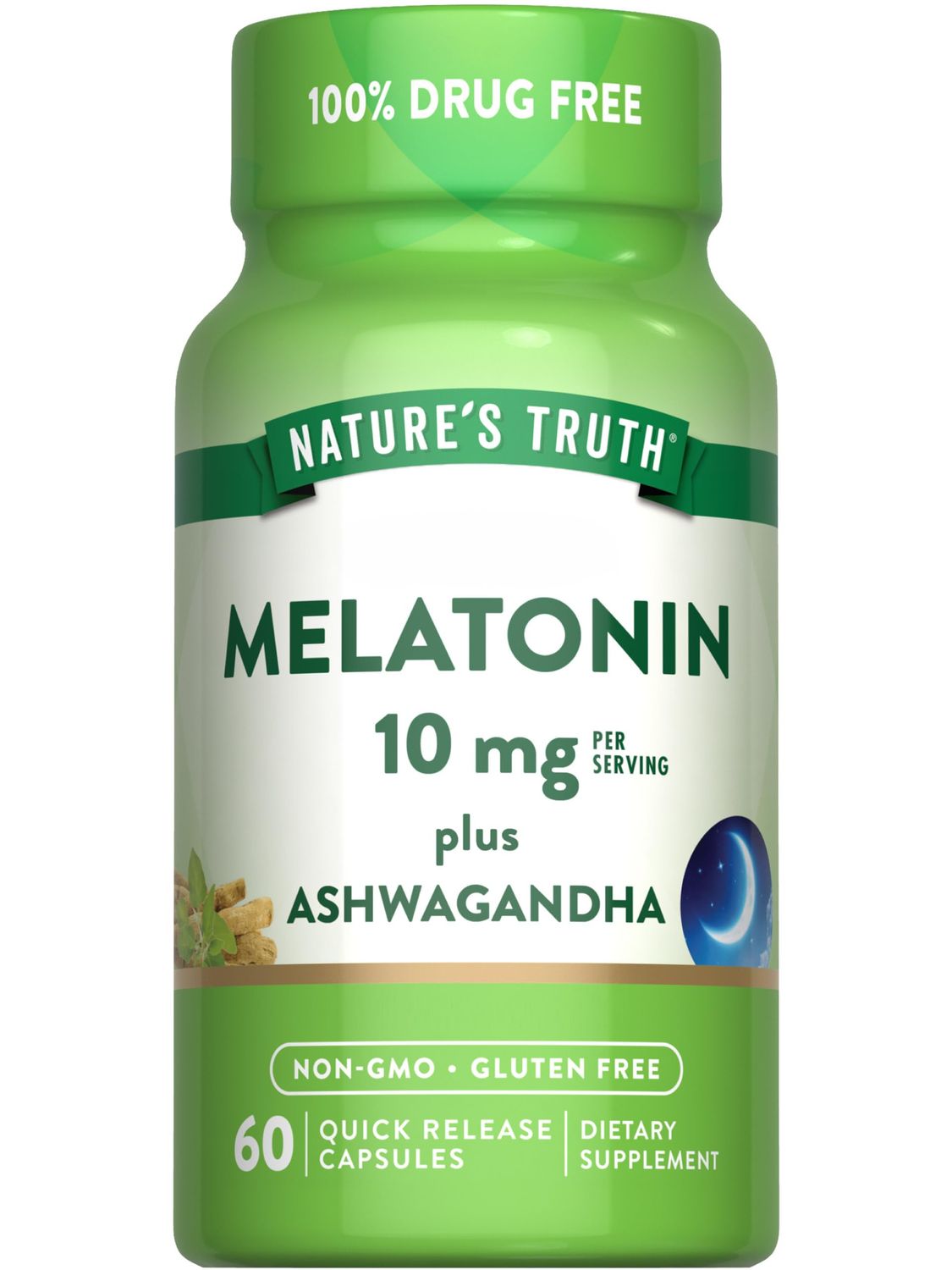 Nature&#39;s Truth Melatonin 10mg with Ashwagandha 60 Capsules Non-GMO Gluten Free Supplement for Adults