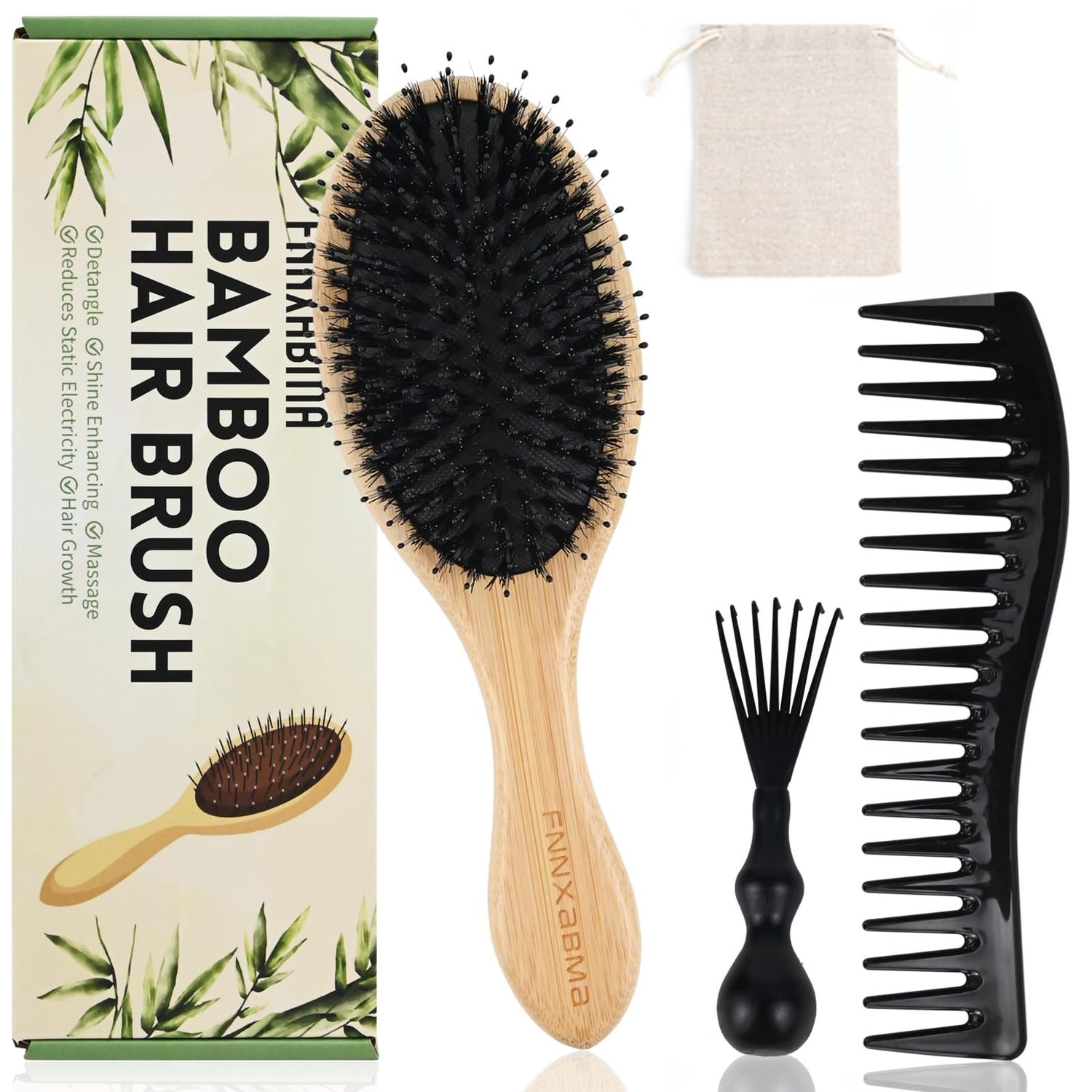 Hair Brush,Boar Bristle Hair Brushes and Styling Comb Set for Women Men Kids, Best Natural bamboo Paddle Hairbrush for Wet or Dry Hair Detangling Smoothing MassagingEnhance Shine Health Natural