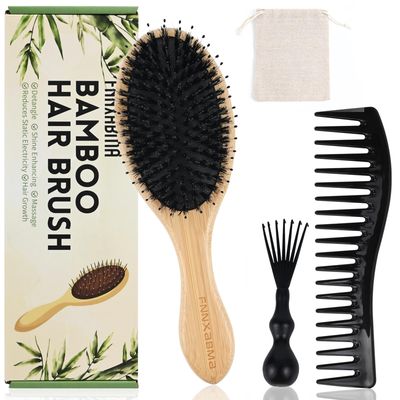 Hair Brush,Boar Bristle Hair Brushes and Styling Comb Set for Women Men Kids, Best Natural bamboo Paddle Hairbrush for Wet or Dry Hair Detangling Smoothing MassagingEnhance Shine Health Natural