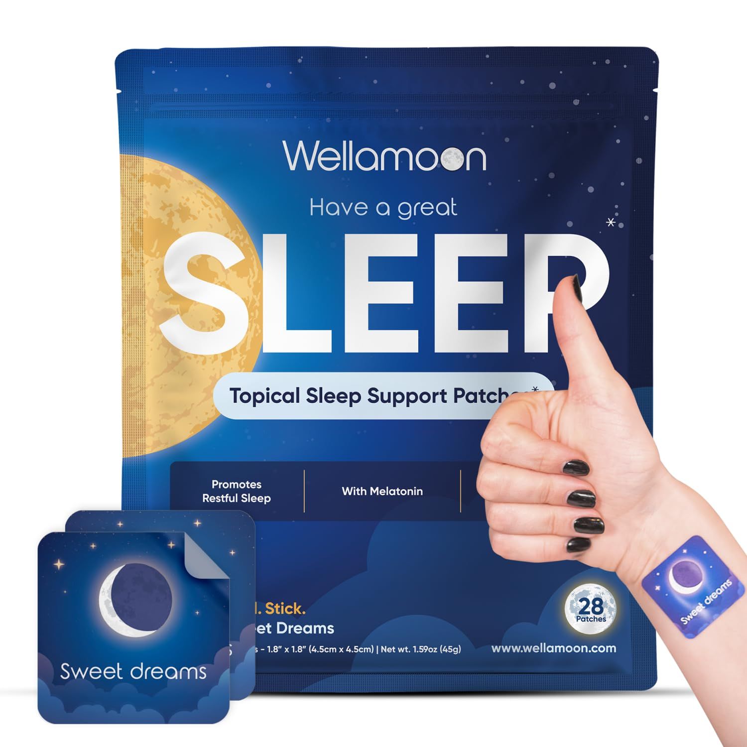 Wellamoon Original Sleep Patches for Adults Extra Strength Easy-to-Apply Sleep Patch with Melatonin Valerian Relax Wake Up Refreshed Long-Lasting Night Comfort for Men Women 28 Patches