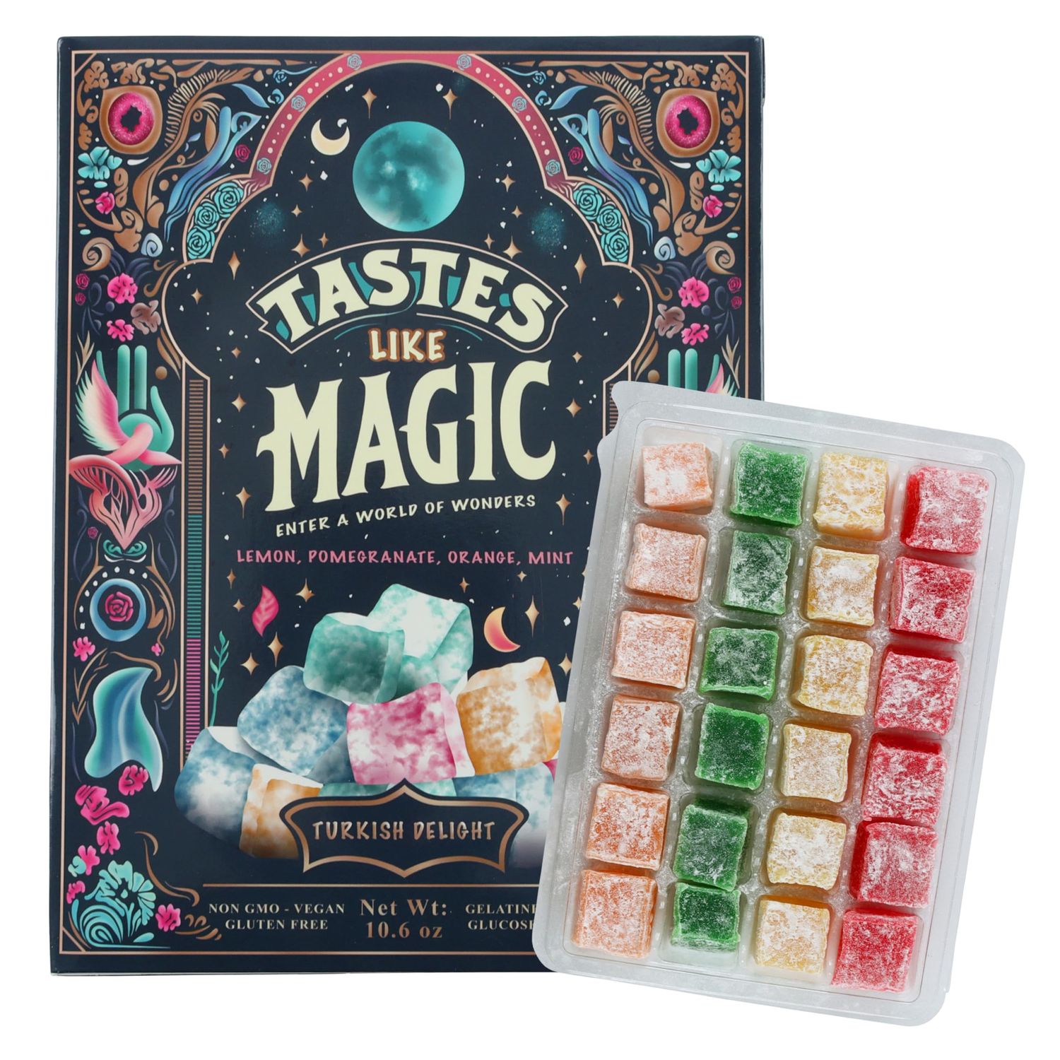 Turkish Delight Candy Gift Box, Mix Fruit - Lemon Pomegranate Orange Mint Flavors - Authentic Lokum from Turkey - Vegan, Gluten Free, Plant-Based, 10.6 oz Gift Box