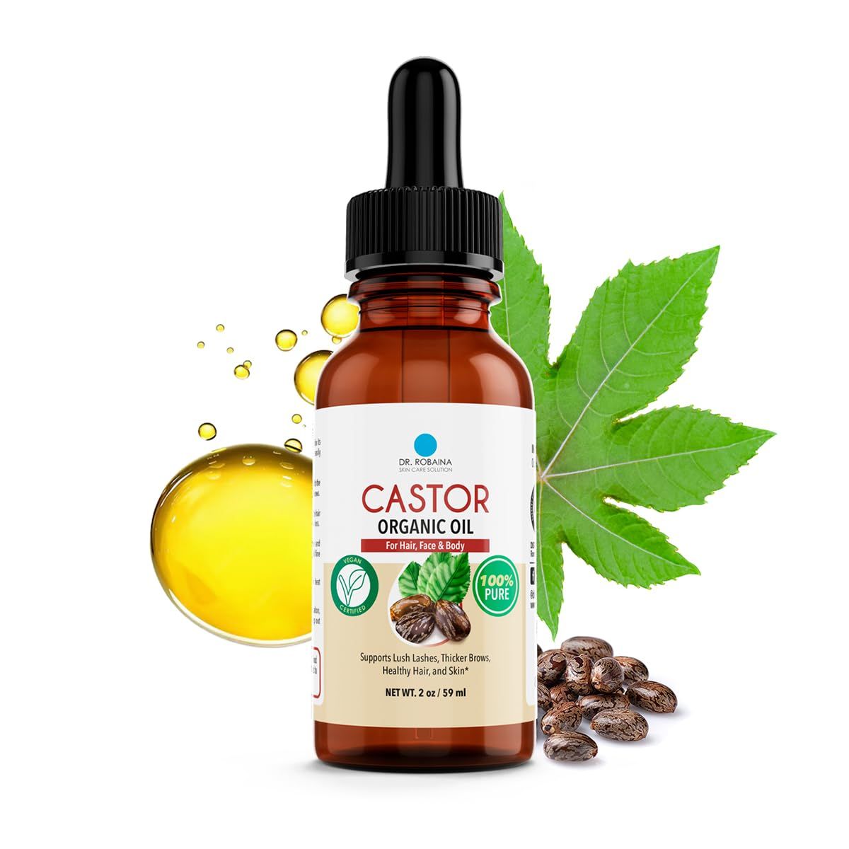 Dr. Robaina 100 Pure Organic Castor Oil - Cold-Pressed for Hair Growth, Deep Skin Hydration, Eyelash Eyebrow Strengthening - Vegan, Natural Moisturizer, Made in USA